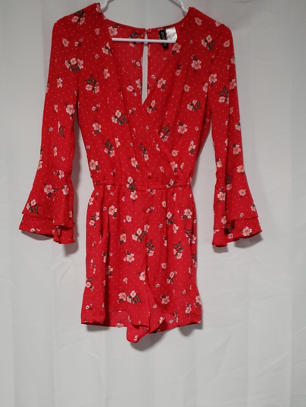 Red Floral Bell Sleeve Romper With Pockets Size 4